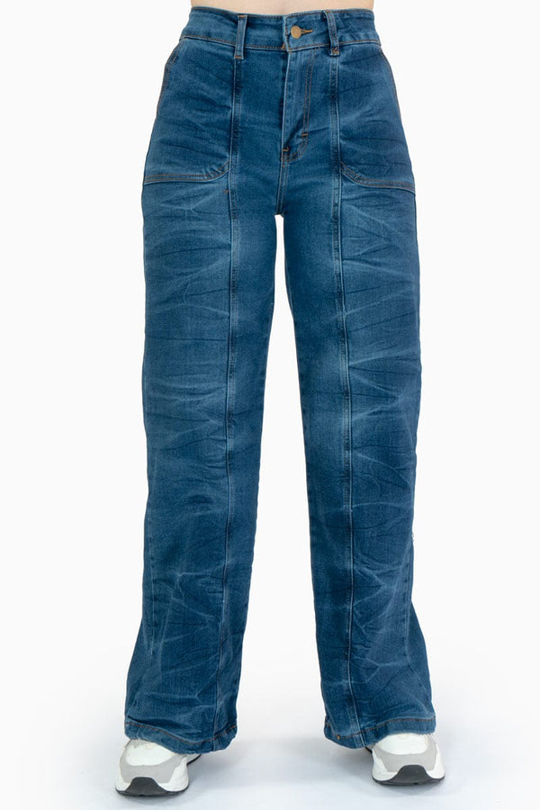 Jeans anchos tiro medio con bolsas y marmoleado