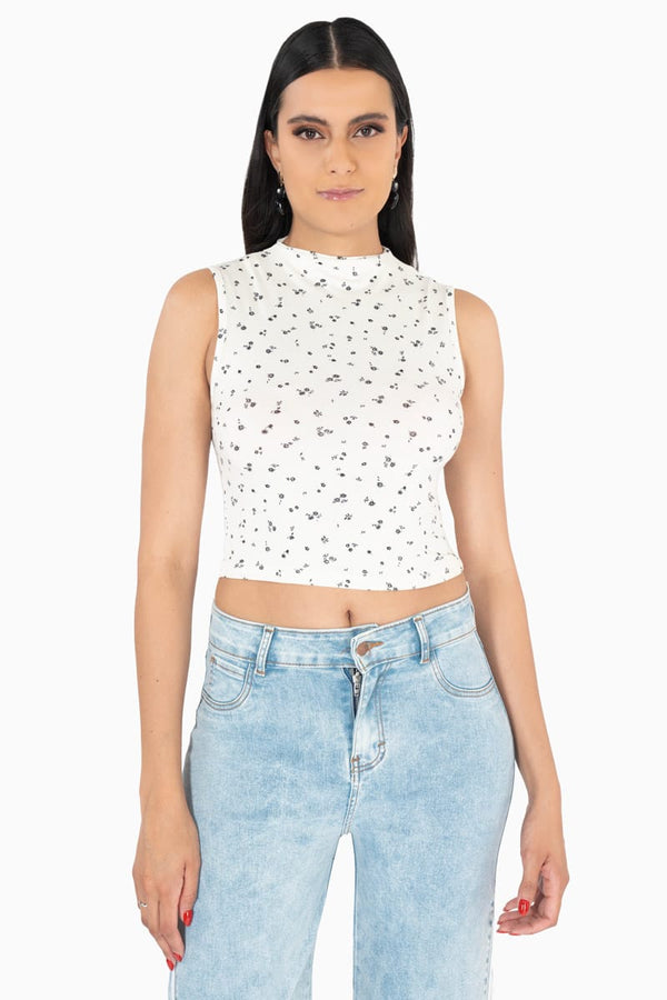 Playera estampada sin mangas y cuello alto