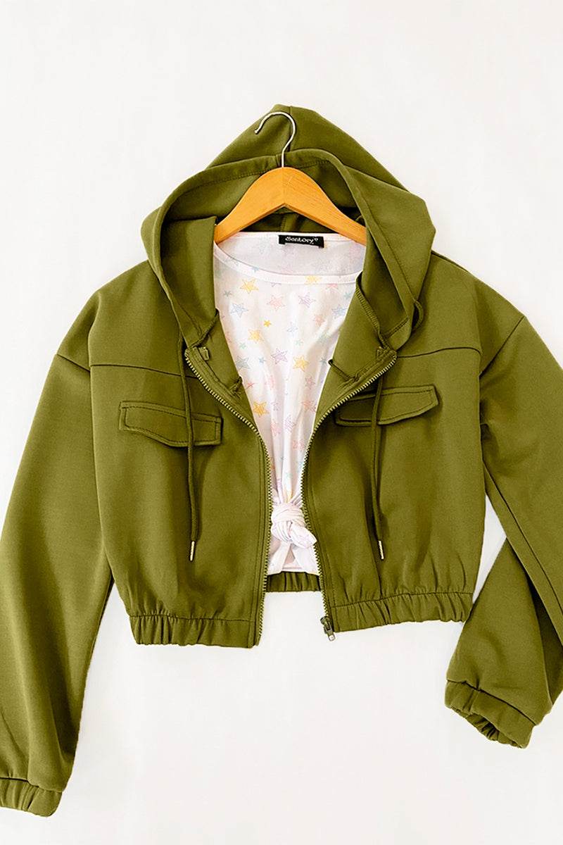 Sudadera crop lisa con capucha y bolsas - Santory Ropa  (6772122157123)