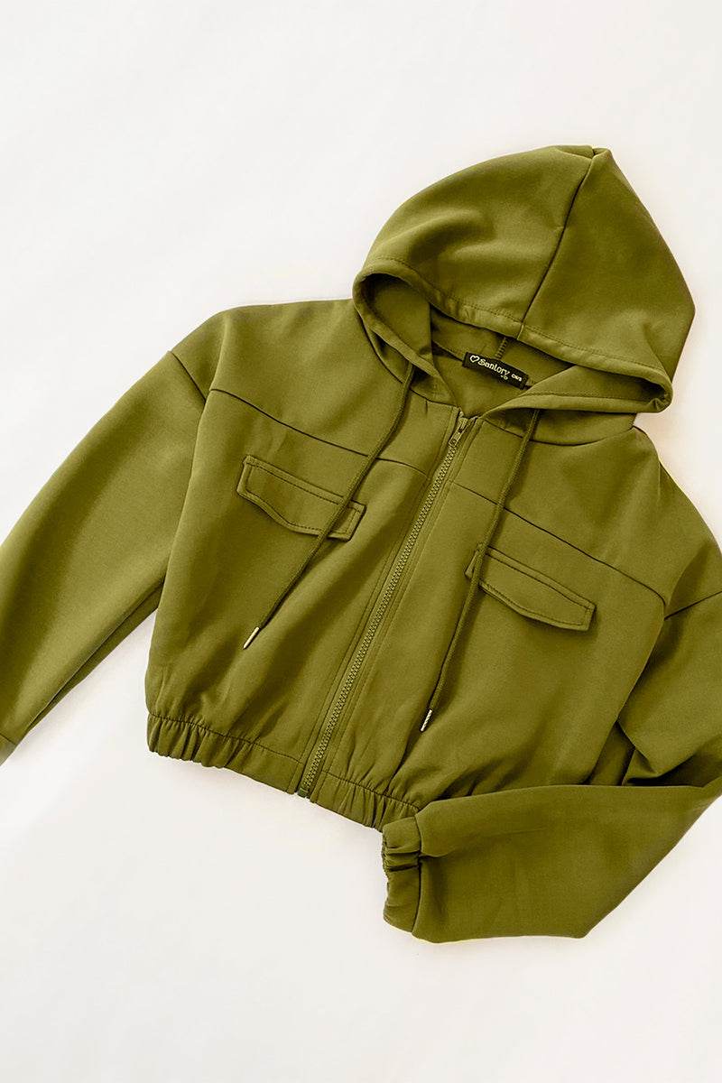 Sudadera crop lisa con capucha y bolsas - Santory Ropa  (6772122157123)