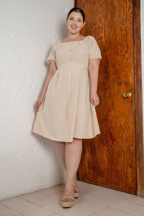 Vestido manga corta con plisado y botones