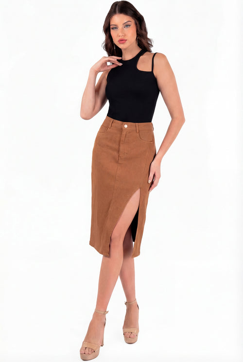 Falda midi con bolsas y abertura lateral