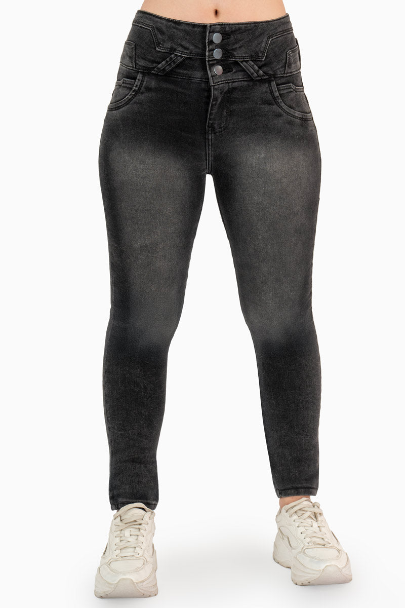 Jeans skinny tiro alto y pretina de 3 botones