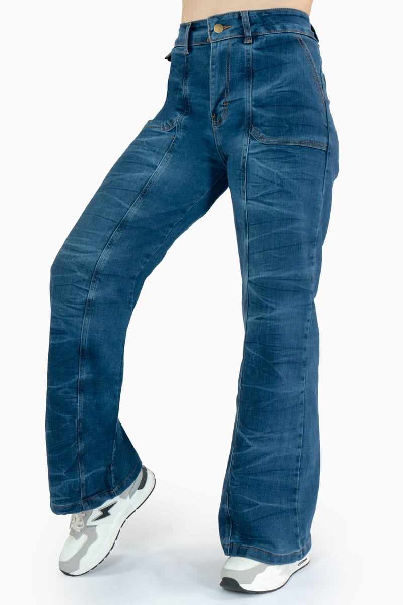 Jeans anchos tiro medio con bolsas y marmoleado
