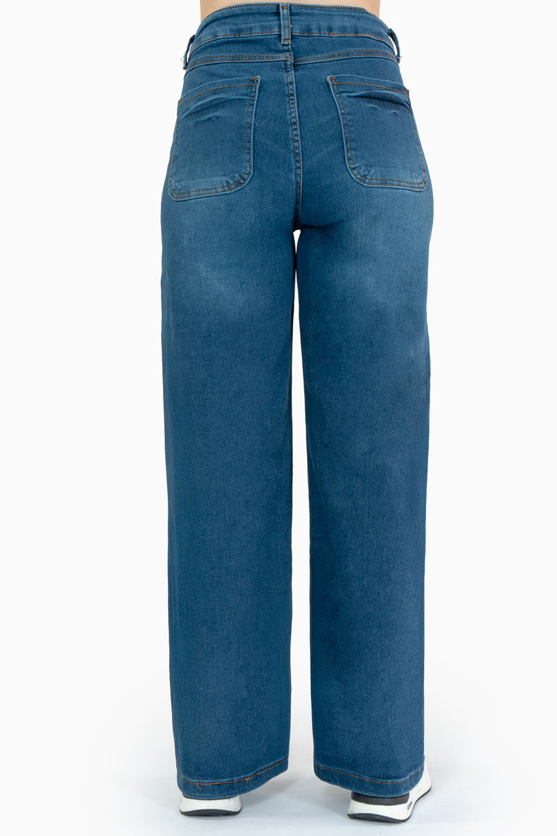Jeans anchos tiro medio con bolsas y marmoleado