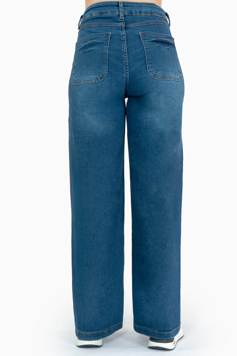 Jeans anchos tiro medio con bolsas y marmoleado