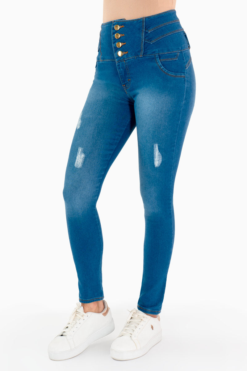 Jeans skinny tiro medio con 4 botones y destrucción