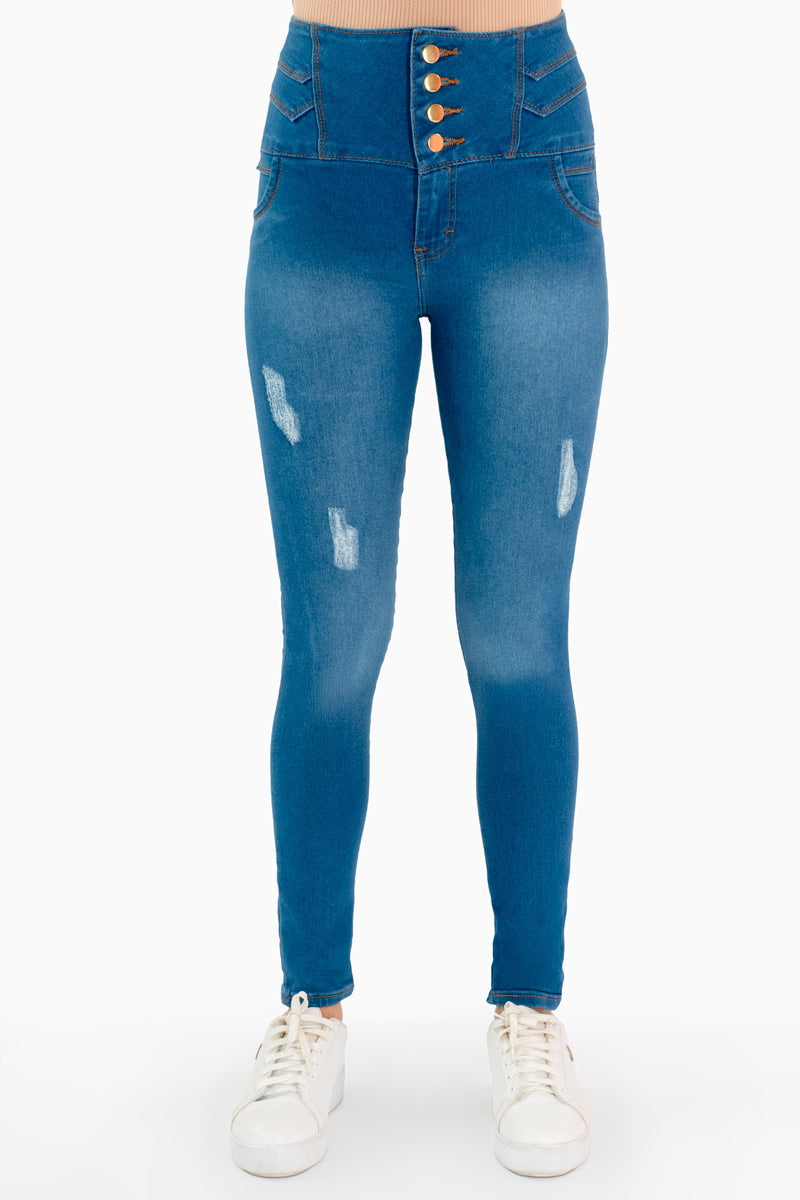 Jeans skinny tiro medio con 4 botones y destrucción