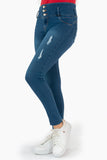 Jeans skinny con pretina ancha de 3 botones y destrucción