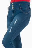 Jeans skinny con pretina ancha de 3 botones y destrucción