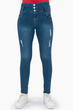 Jeans skinny con pretina ancha de 3 botones y destrucción