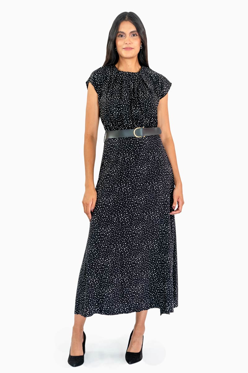 Vestido largo de luneares con cinturón y manga corta