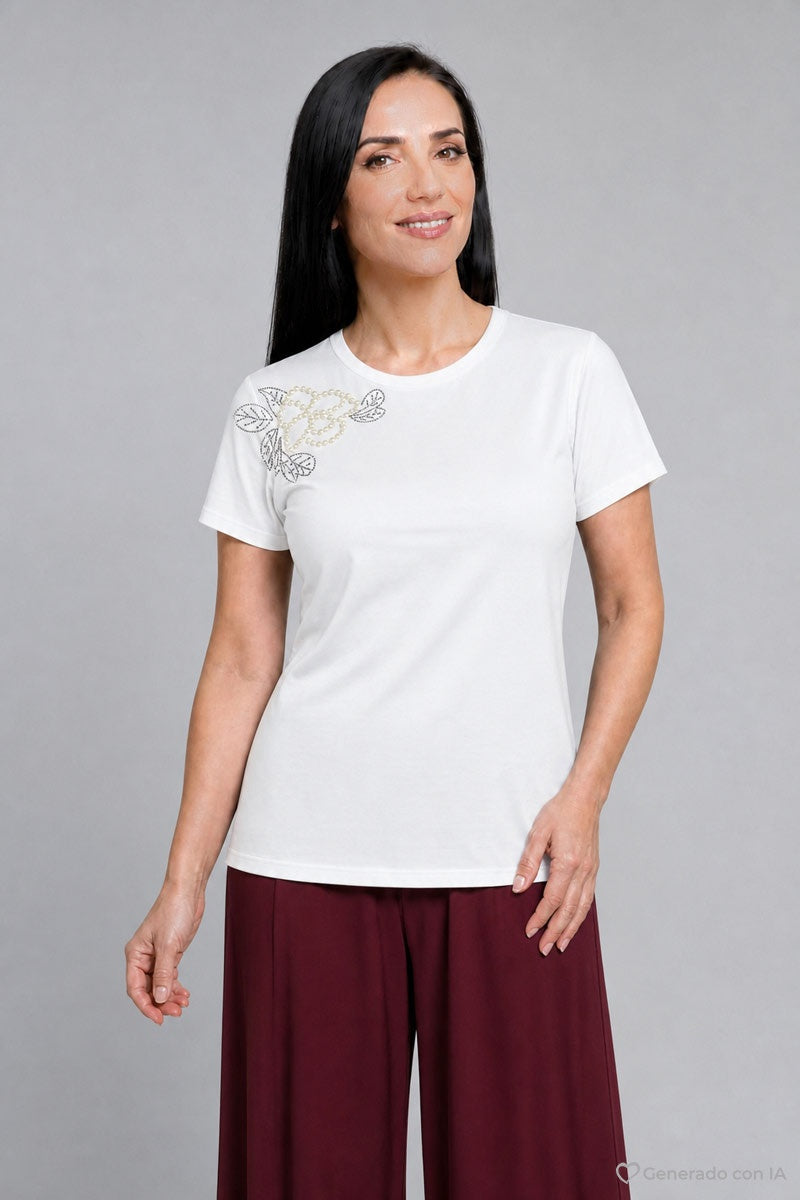 Playera manga corta y estampado de flor con piedras