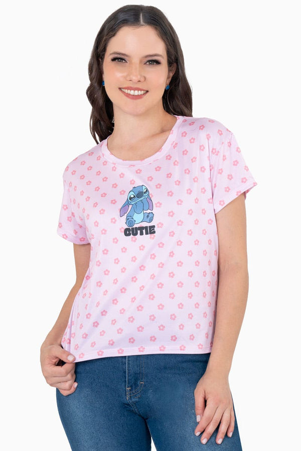 Playera manga corta de stitch  y flores