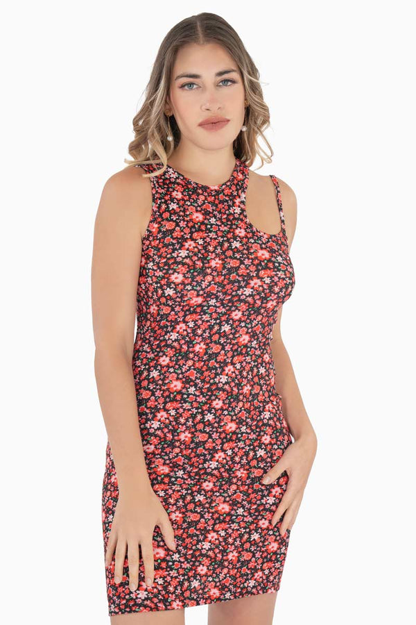 Vestido floral cut out en hombro