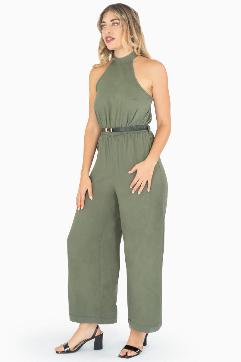 Jumpsuit halter con cinturón y escote en espalda