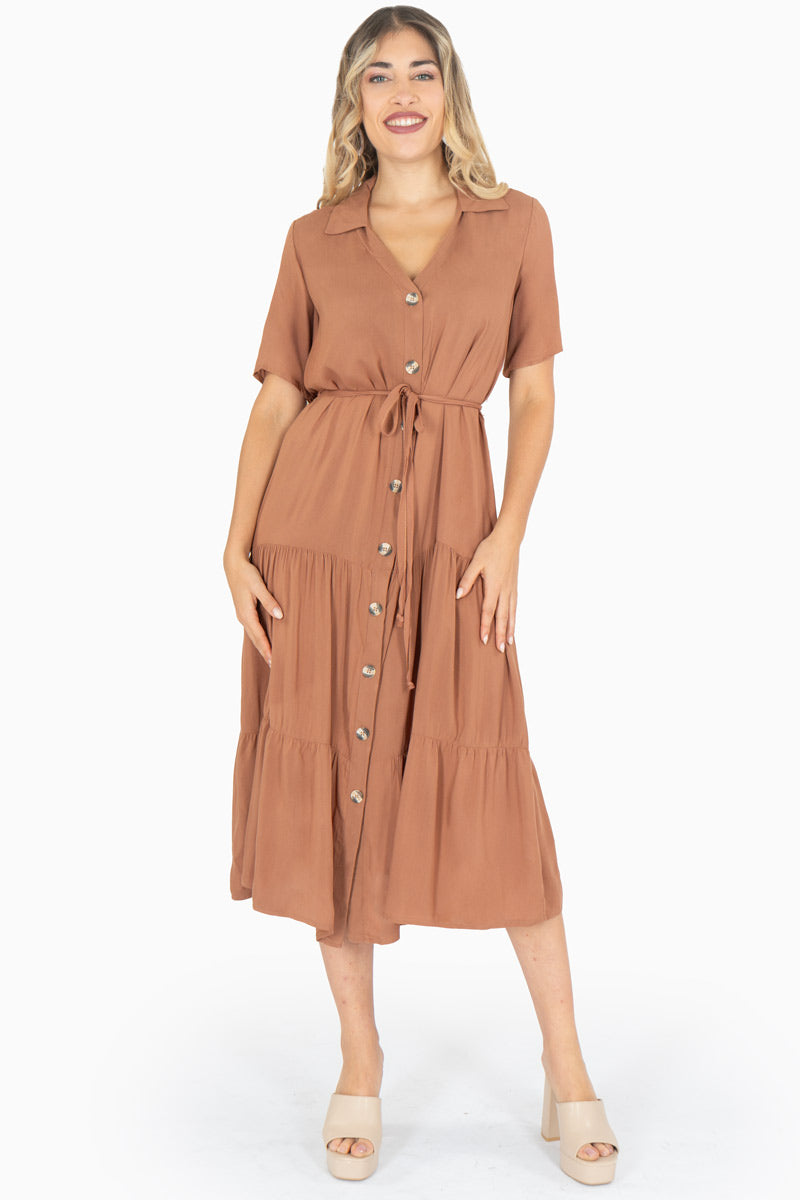 Maxi vestido con botones manga corta y escote v