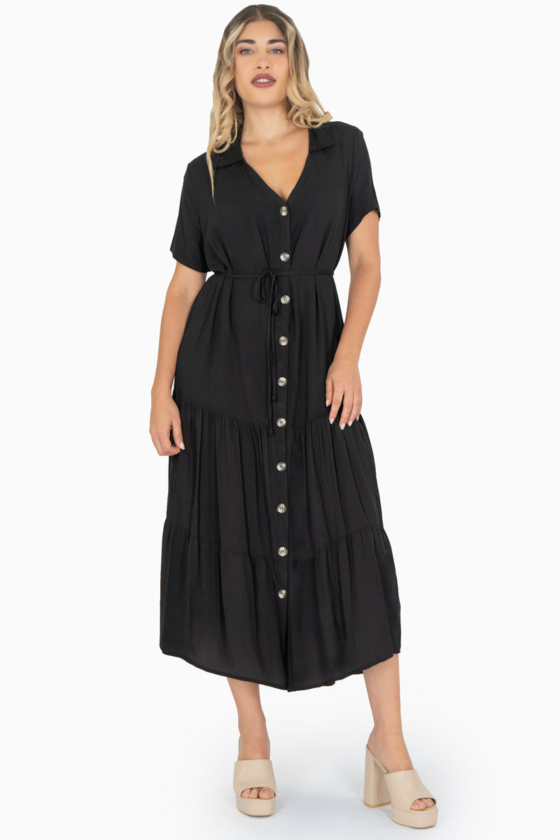 Maxi vestido con botones manga corta y escote v