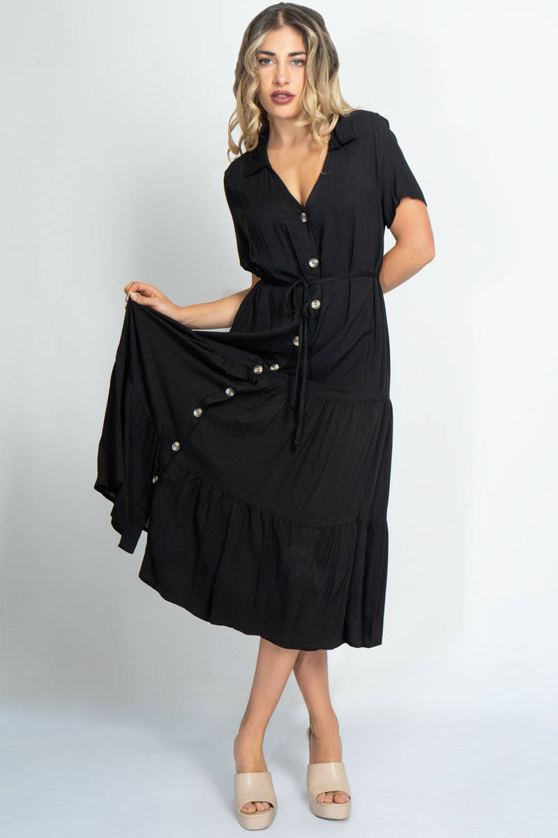 Maxi vestido con botones manga corta y escote v