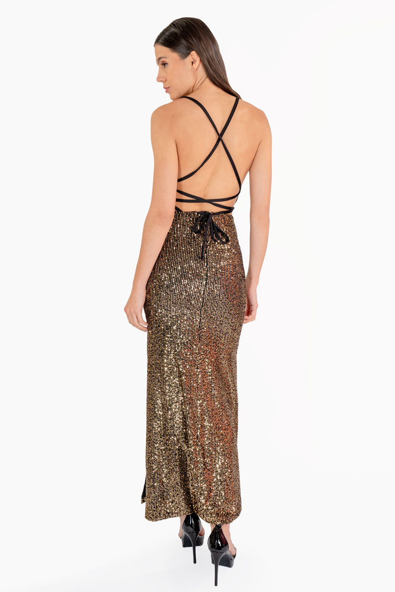 Vestido de fiesta con lentejuelas y amarre en espalda