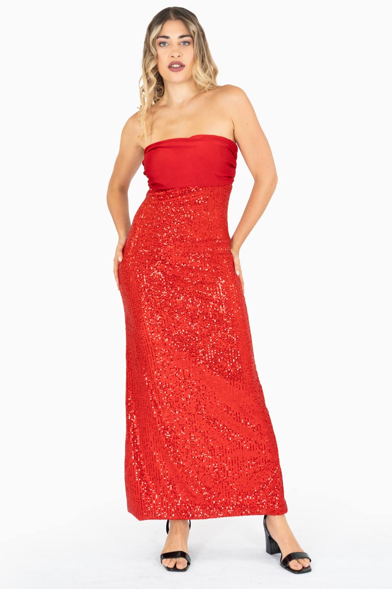 Vestido strapless largo brillante