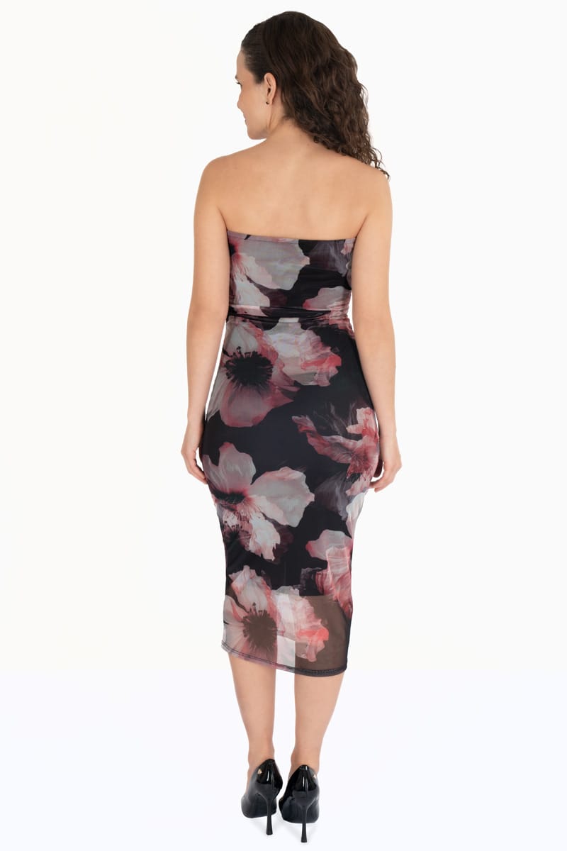 Vestido strapless mesh con estampado