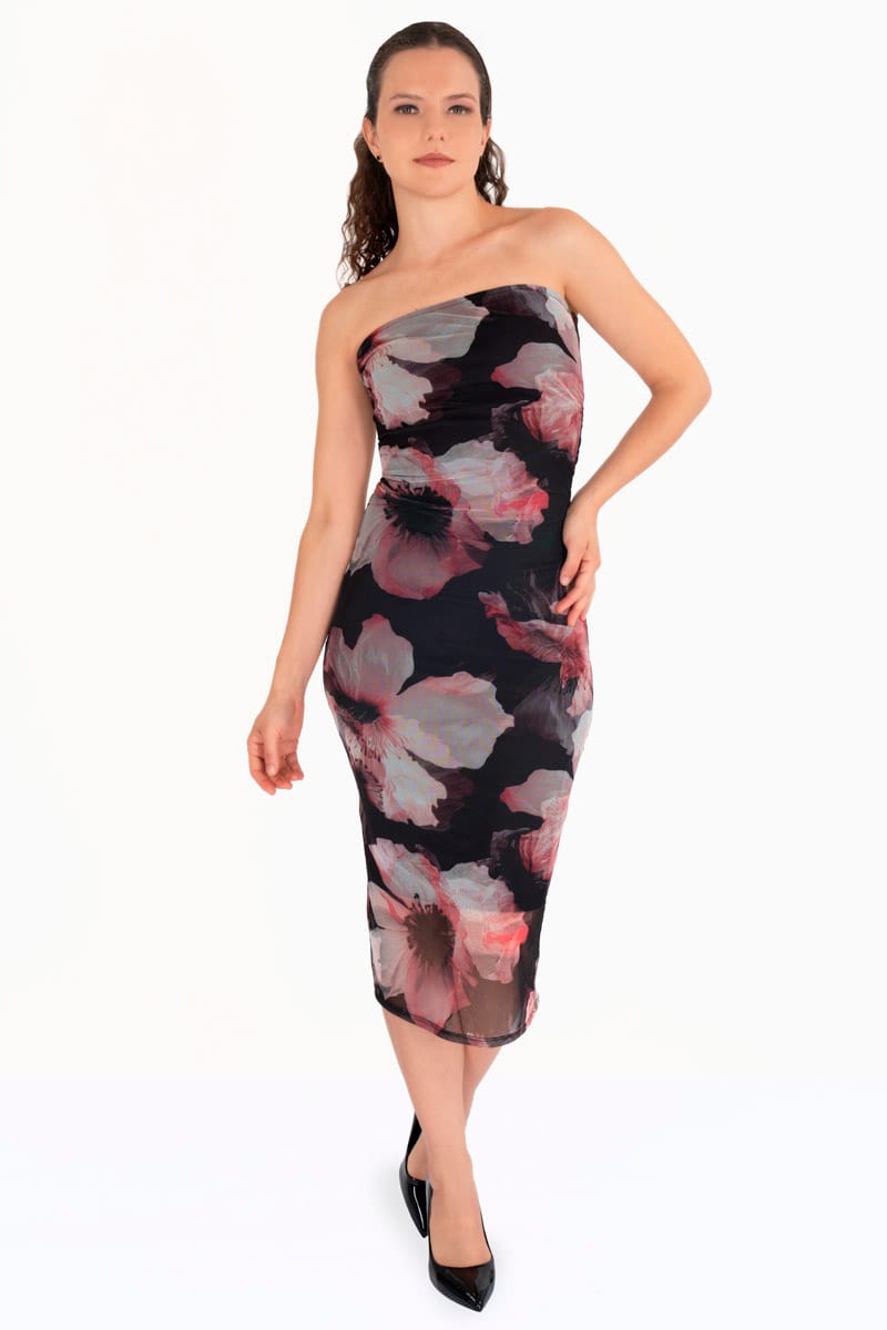 Vestido strapless mesh con estampado