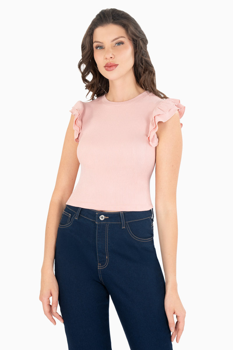 Blusa manga con olán y escote redondo