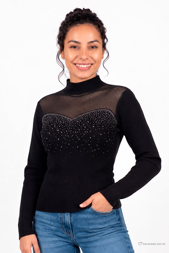 Suéter cuello alto con transparencia y pedrería