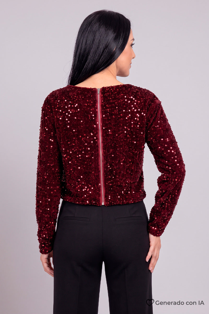 Blusa manga larga de lentejuela y cierre en espalda