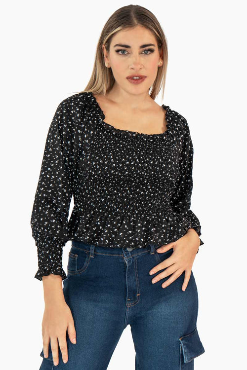 Blusa floral de manga larga y escote recto