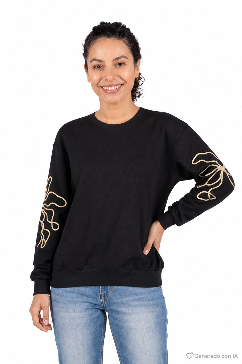 Sudadera cuello redondo con bordado en mangas