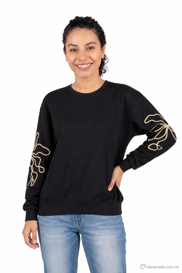 Sudadera cuello redondo con bordado en mangas