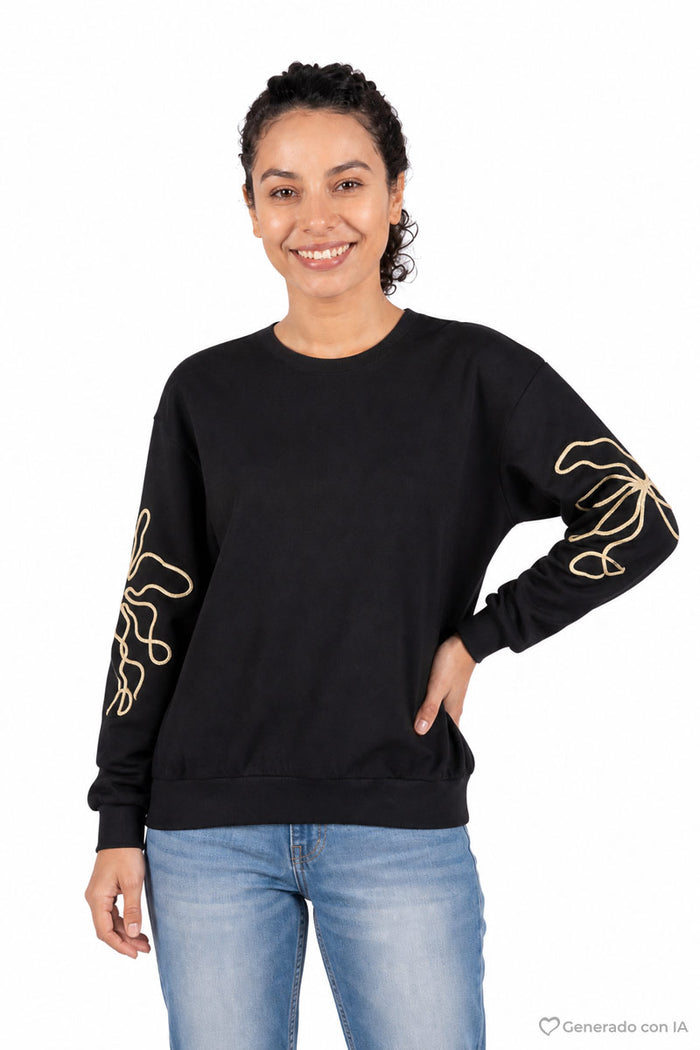 Sudadera cuello redondo con bordado en mangas