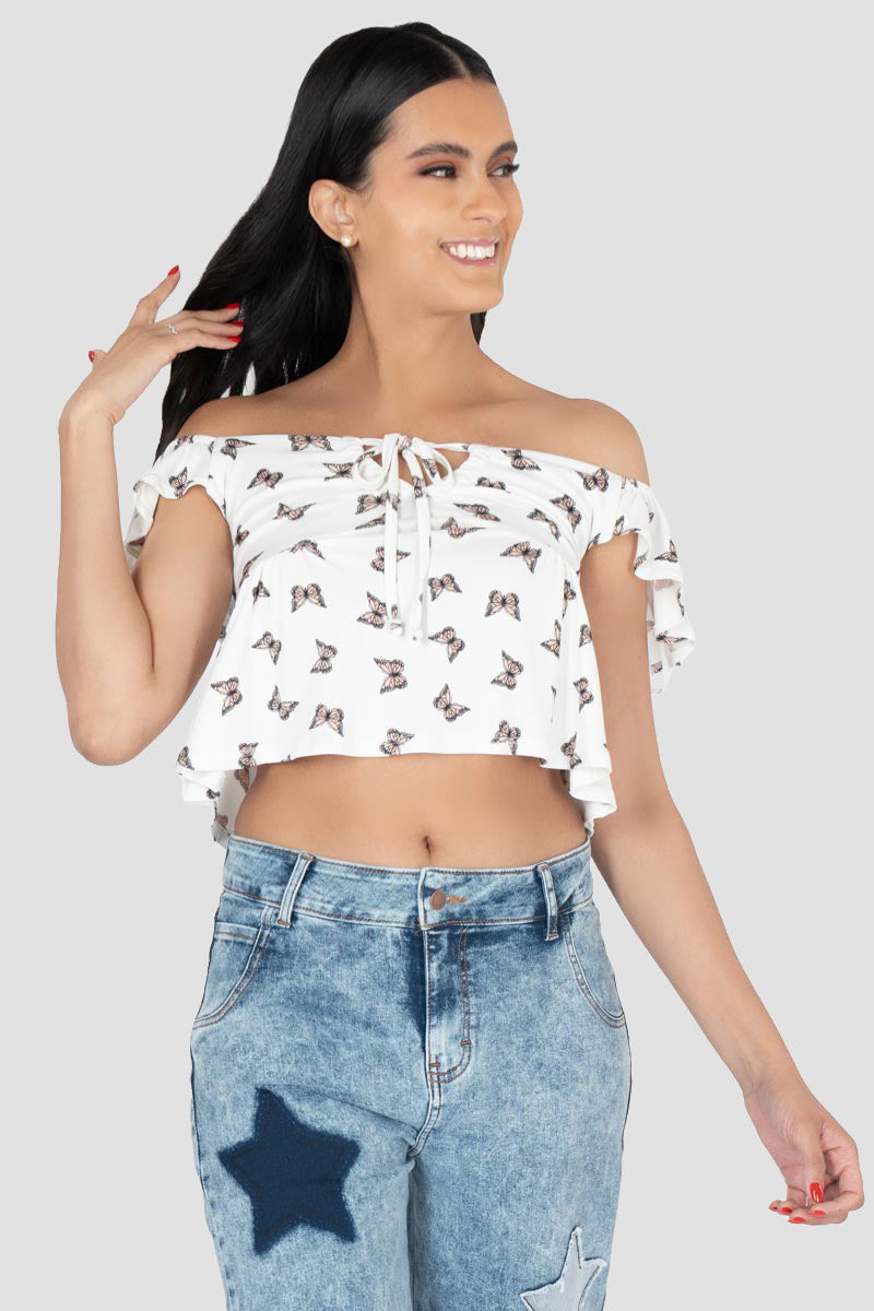 Blusa estampado de mariposas y olanes en manga