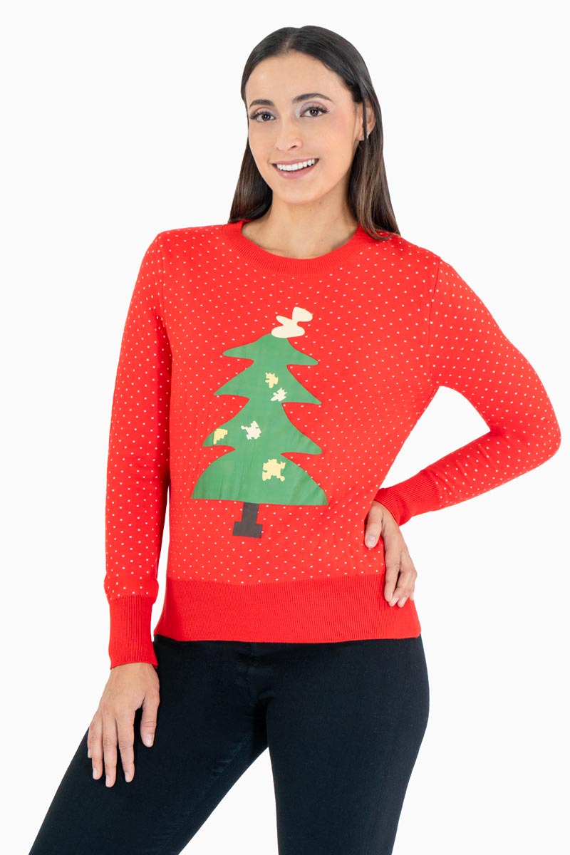 Suéter navideño reno y árbol con puntos