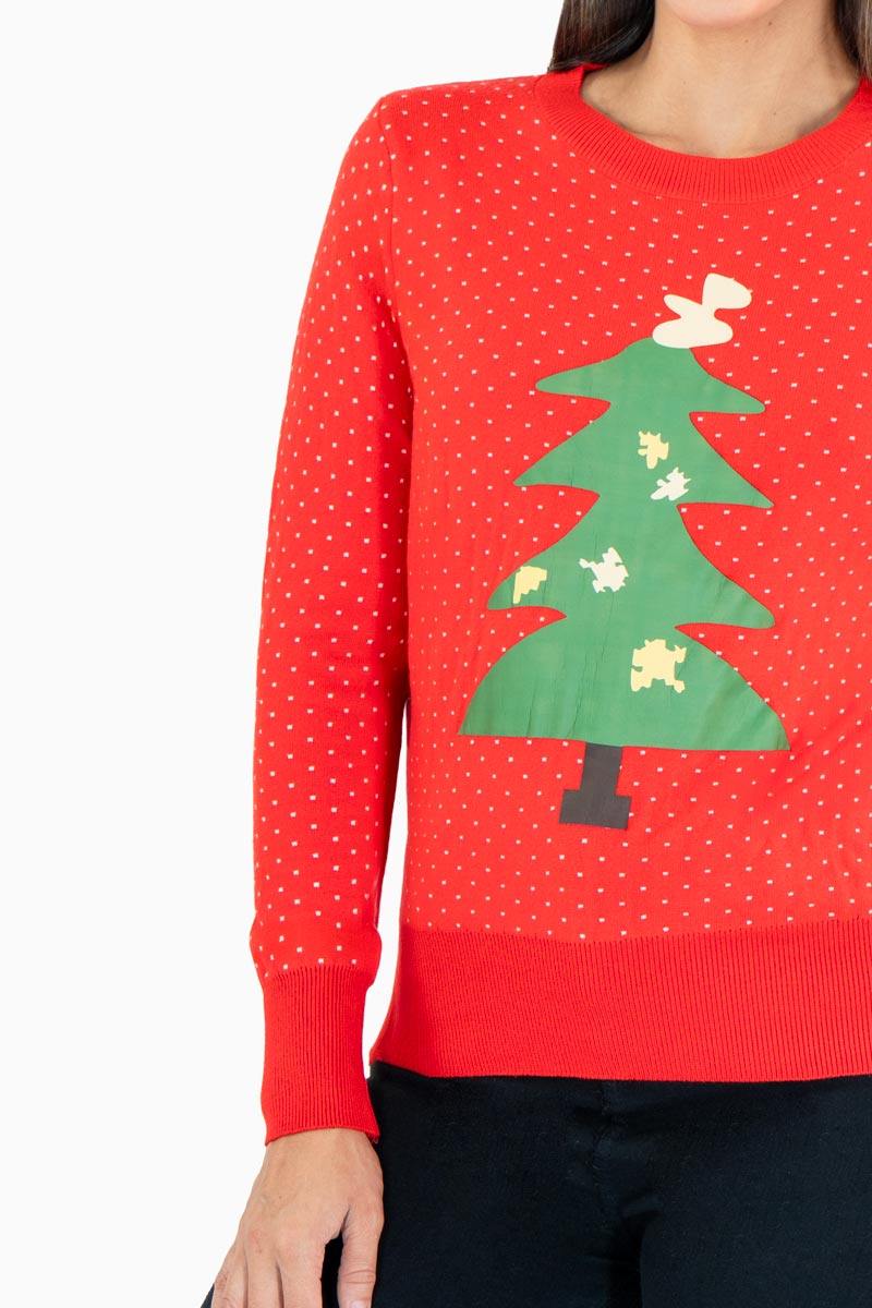 Suéter navideño reno y árbol con puntos