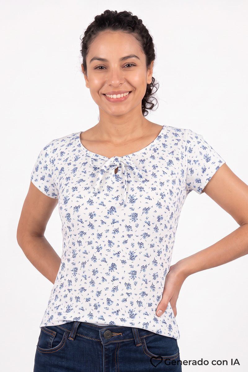 Playera floral con moño y manga corta