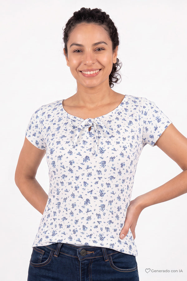 Playera floral con moño y manga corta