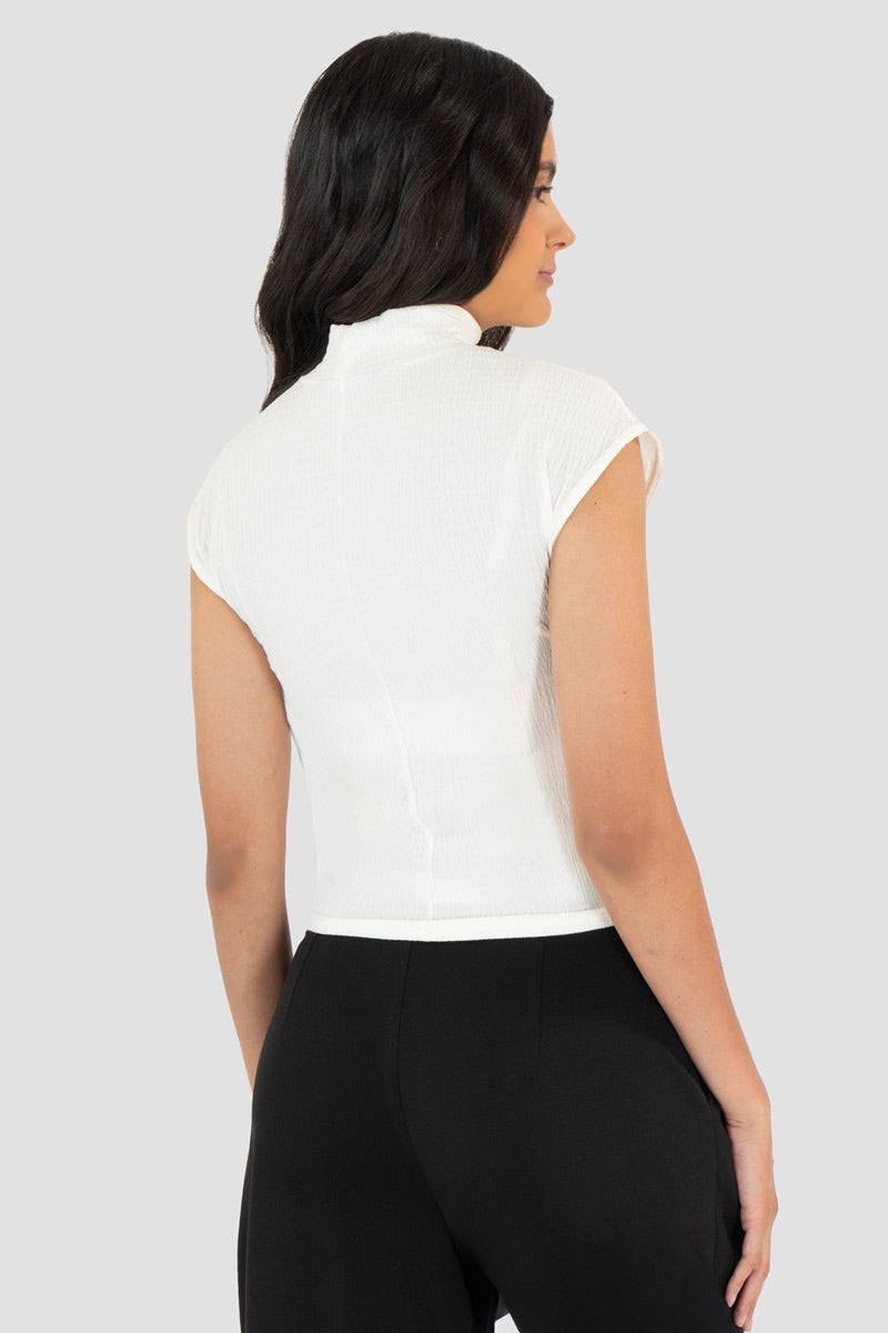 Blusa lisa cuello alto sin mangas y plisado en costados