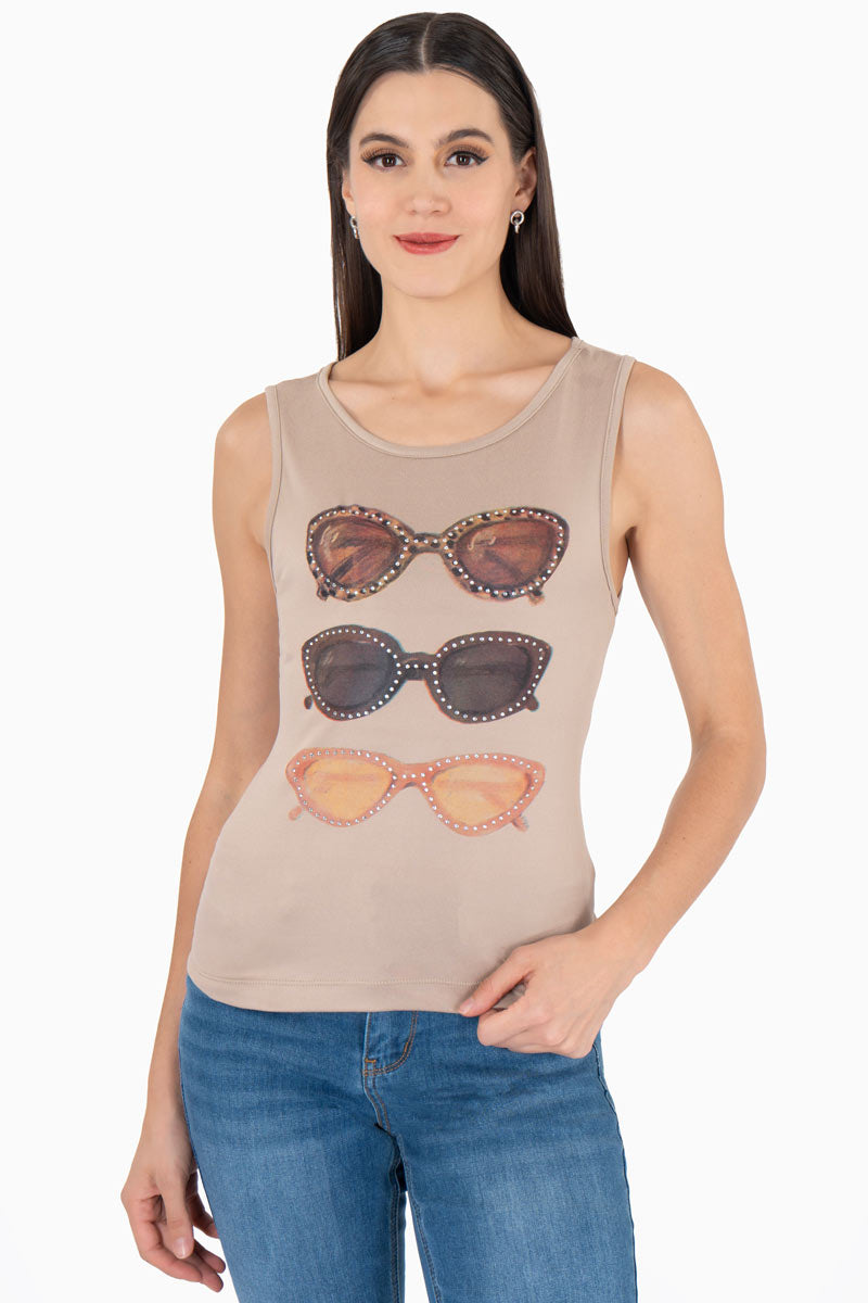 Playera sin mangas con estampado de lentes