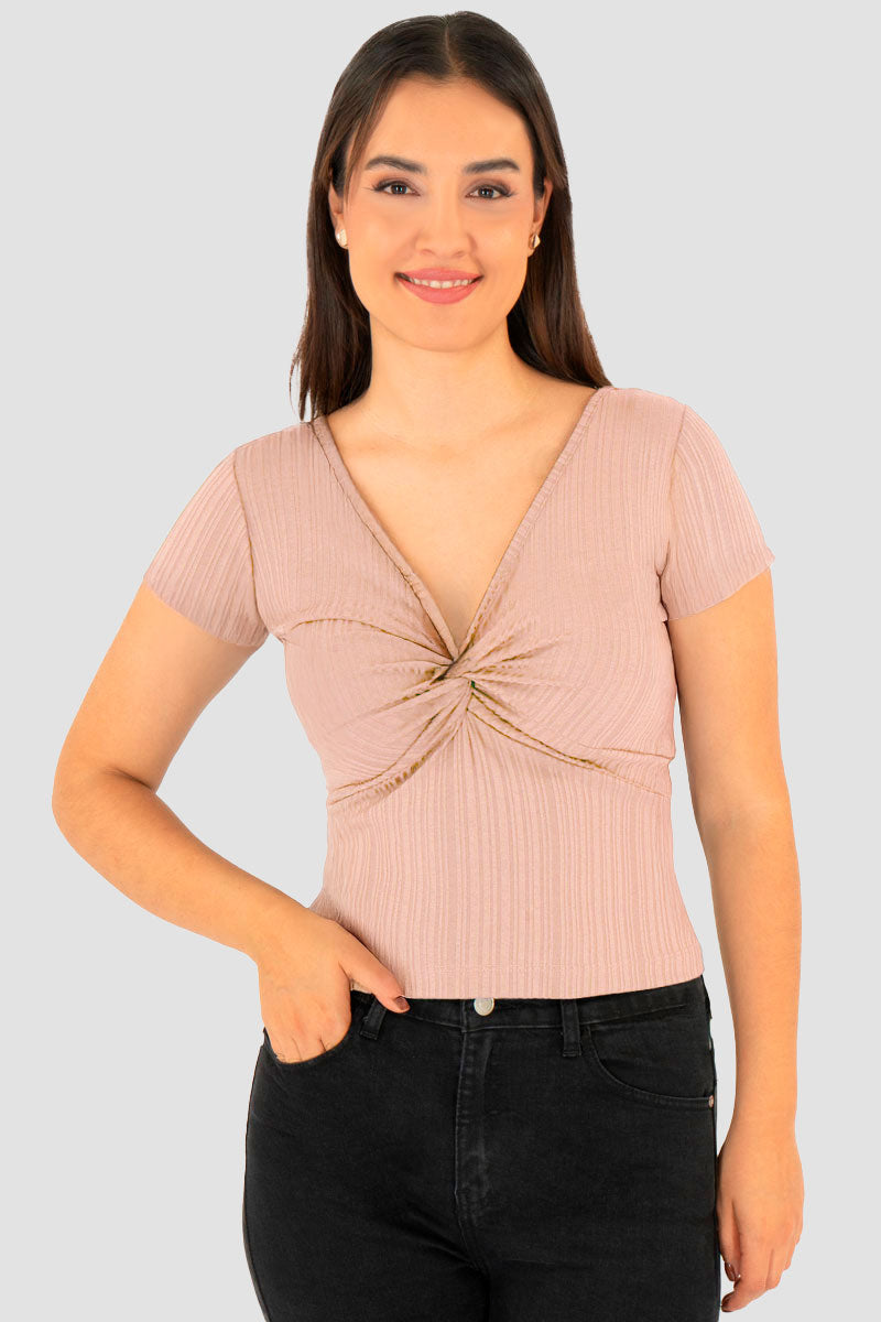 Blusa manga corta y escote v con nudo