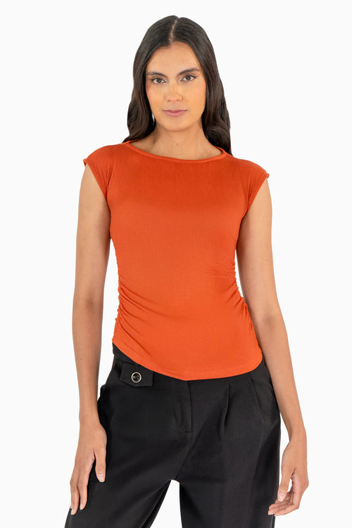 Blusa lisa manga corrida y plisado en cintura