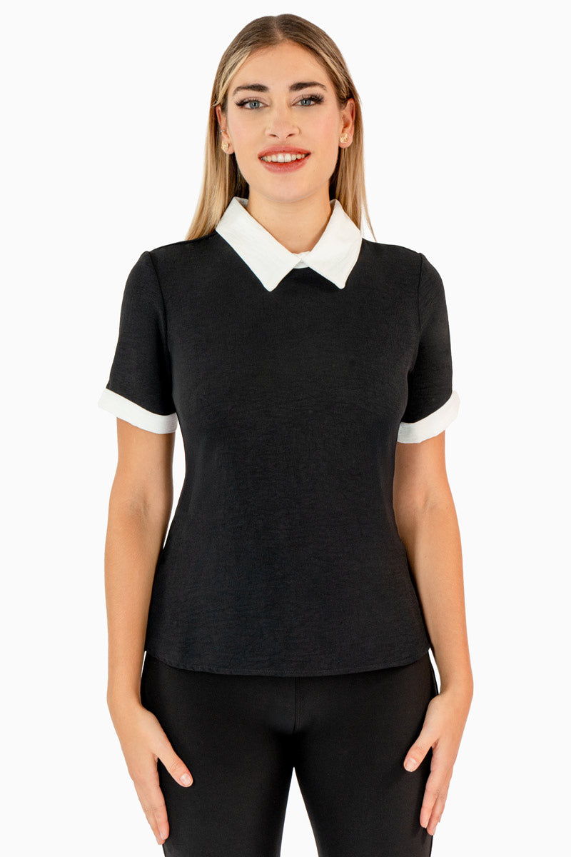 Blusa lisa con cuello y manga corta