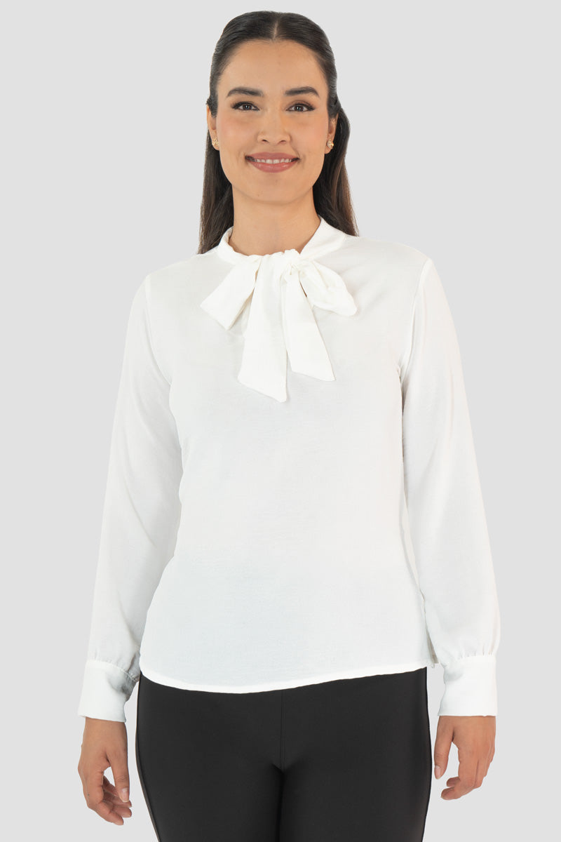 Blusa manga larga con moño en escote