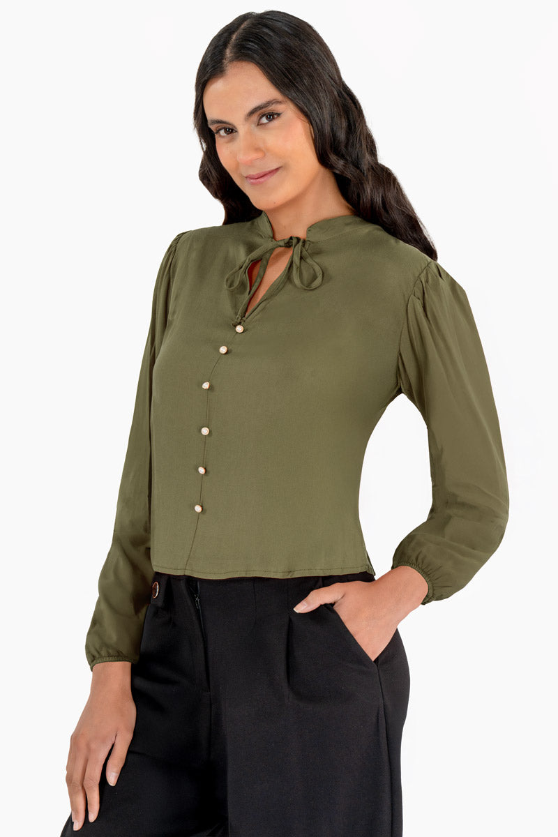 Blusa manga larga con botones y amarre
