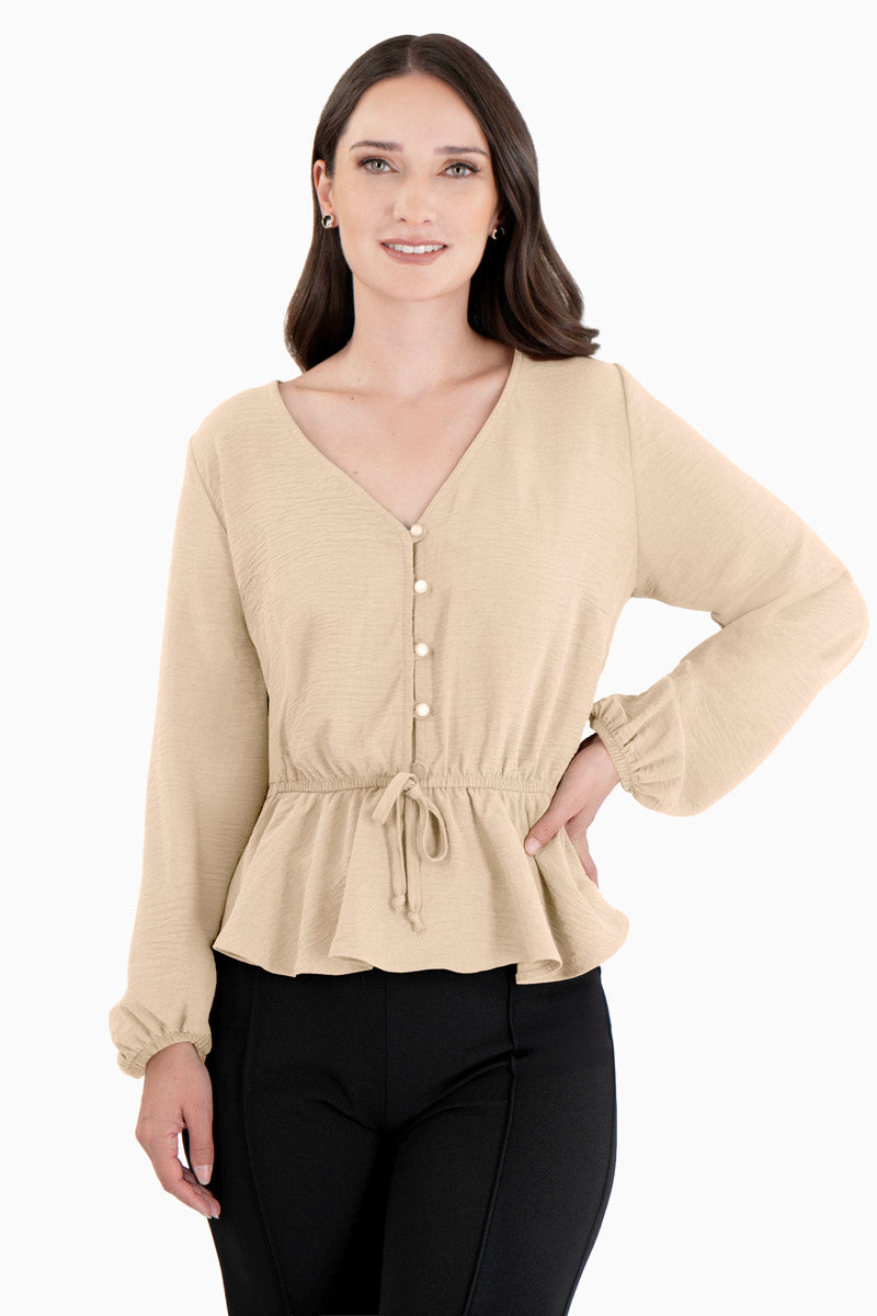 Blusa manga larga con ajuste en cintura y botones