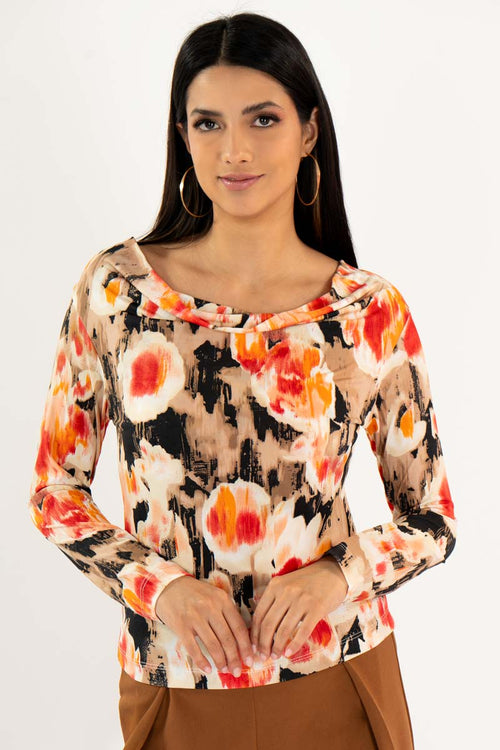 Blusa floral escote columpio manga larga