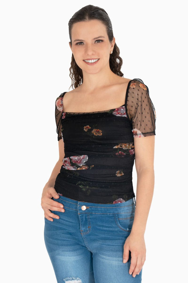 Blusa floral y manga corta con mesh