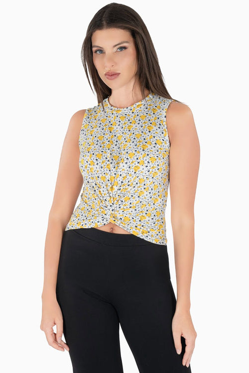 Playera floral sin mangas y nudo